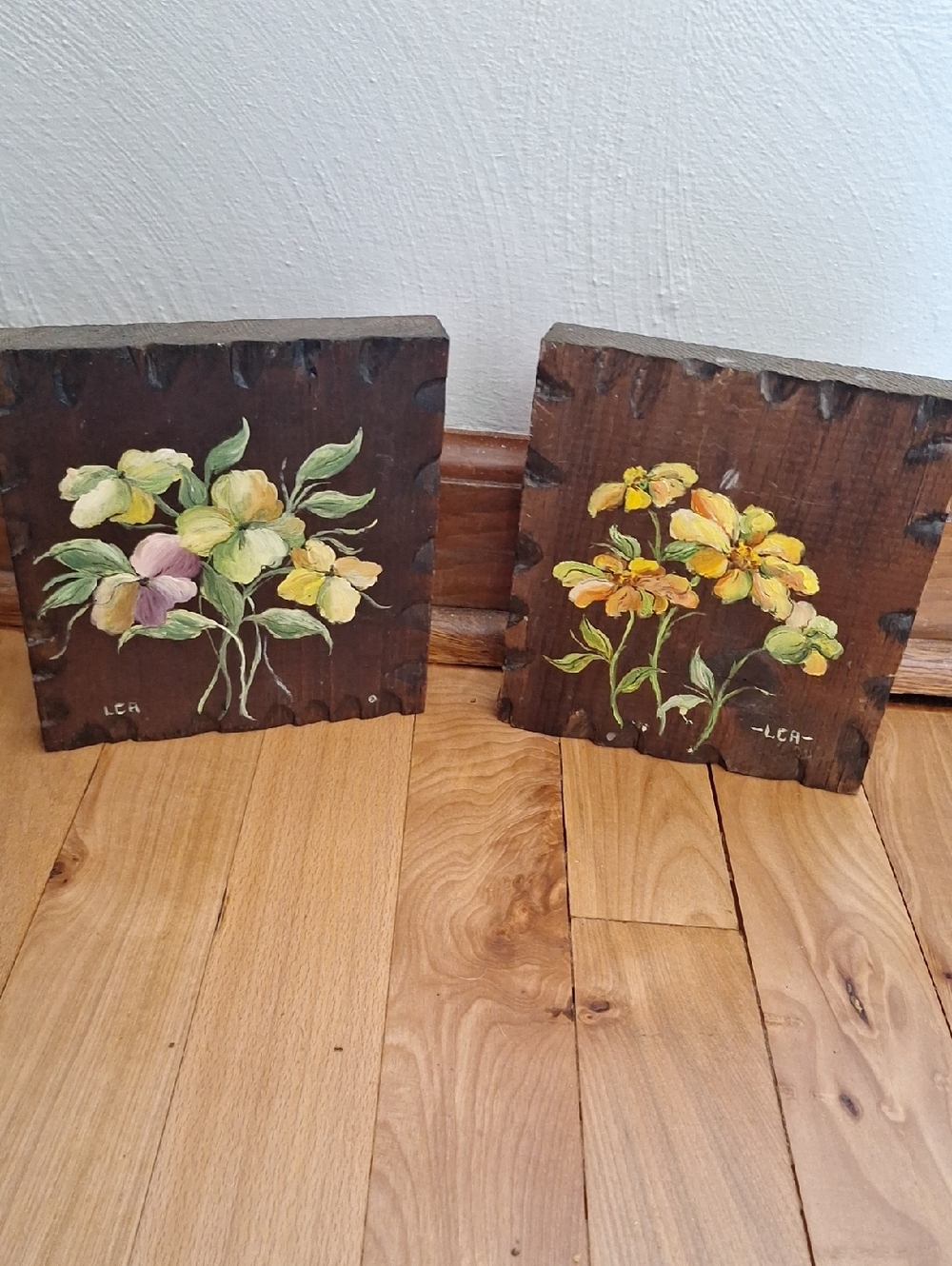 Hand-Painted Floral Wood Panels - Yellow & Green Bouquet (Pair)
